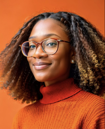 Headshot of Mikella. She’s smiling, wearing a orange top, with glasses.